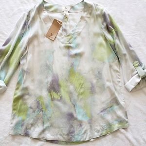 B NEW YORK Paint Splash Long Sleeve Pastel V-Neck Tunic Top--NWT--M